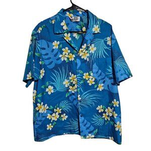 Vintage Hilo Hattie Hawaiian Shirt Mens Size Large Tropical Blue Short Sleeve